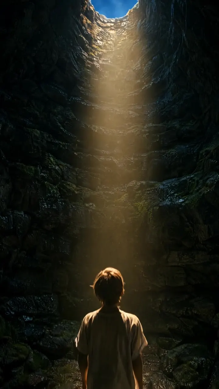 A boy standing at the bottom of a deep stone well, seen from behind, looking up at a beam of light from the opening