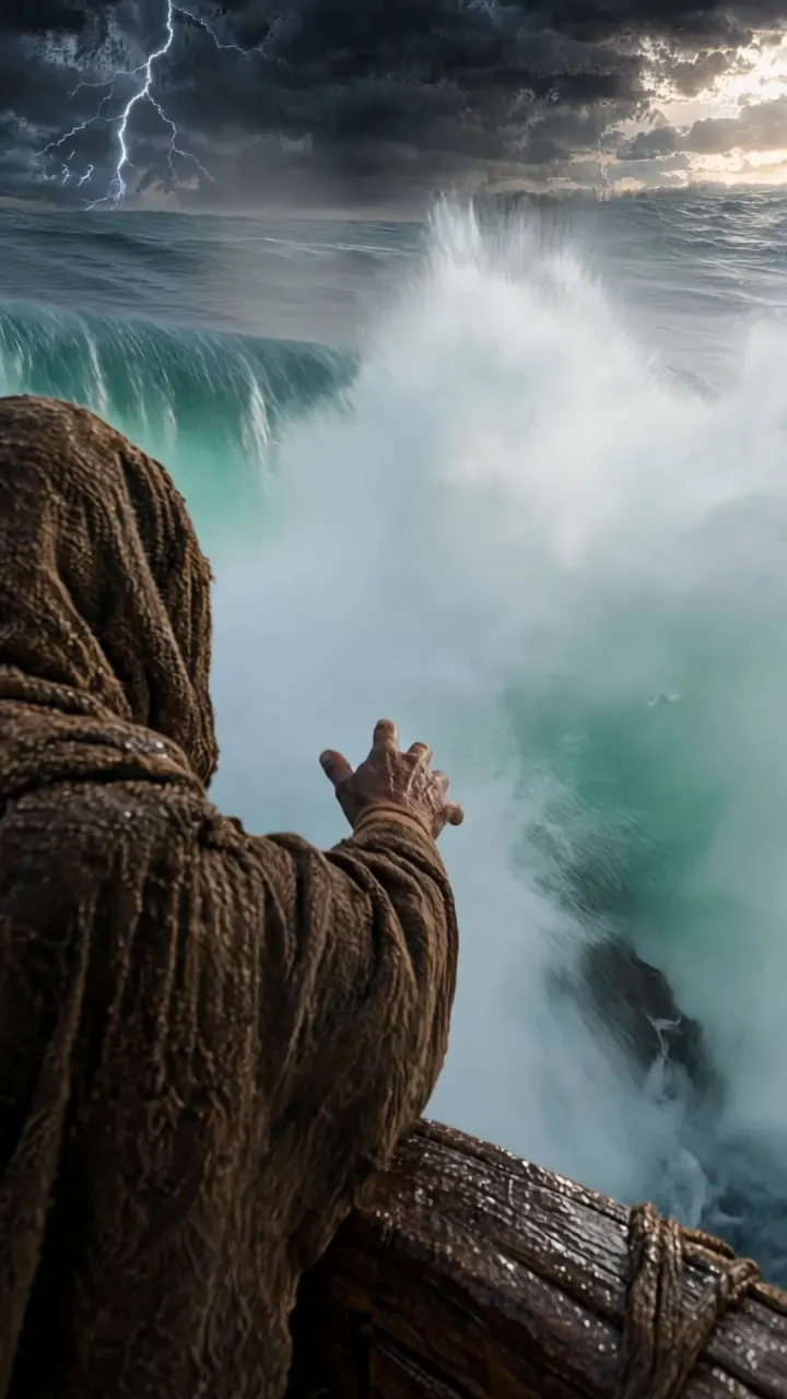Prophet Nuh seen from behind at the rail of the Ark, reaching out toward a huge wave breaking over a rock