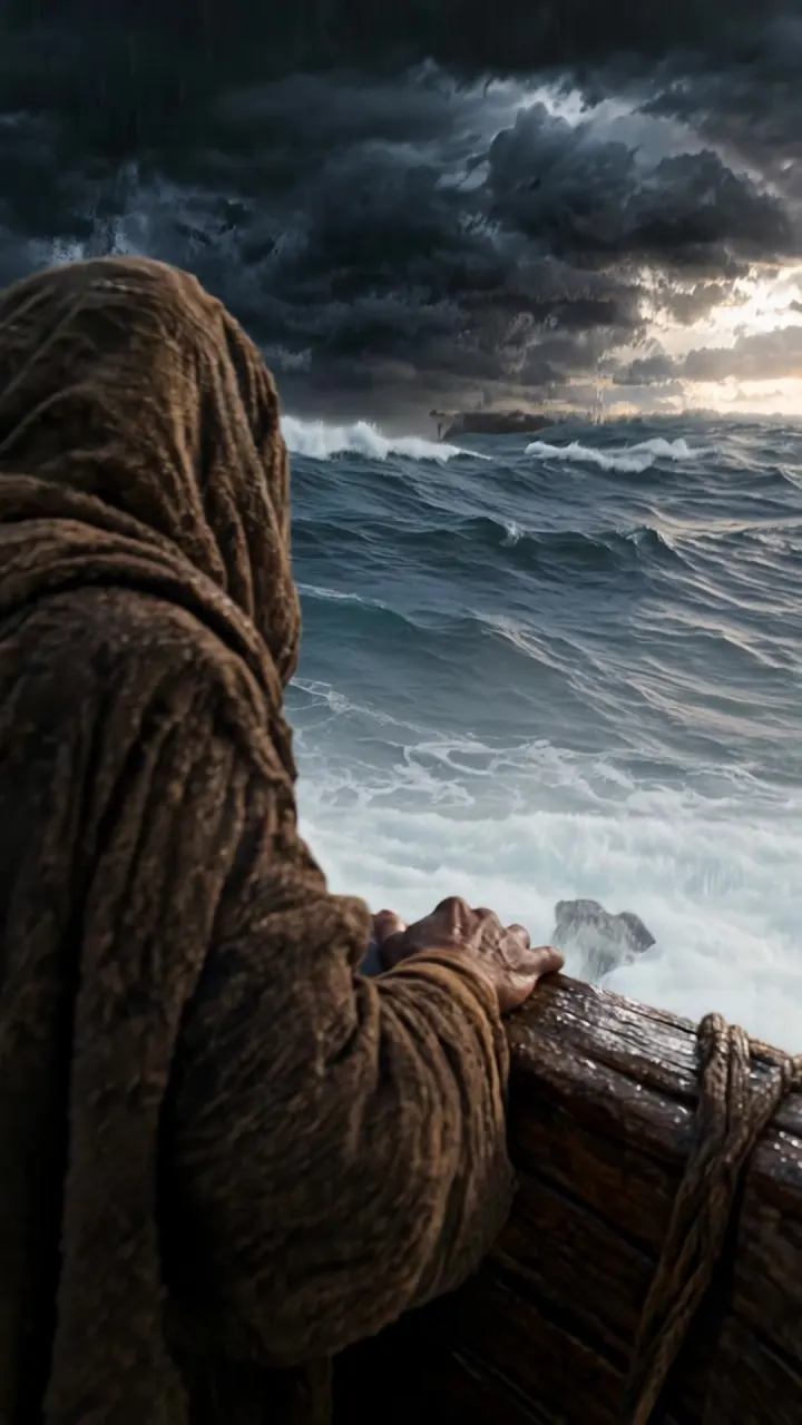 Prophet Nuh seen from behind, his hand on the wet rail of the Ark, looking out over the stormy sea