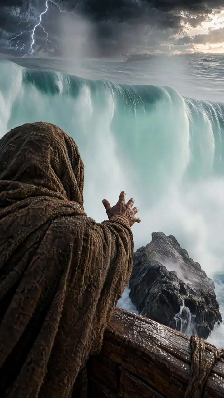 Prophet Nuh seen from behind on the deck of the Ark, reaching out toward a huge breaking wave under a stormy sky