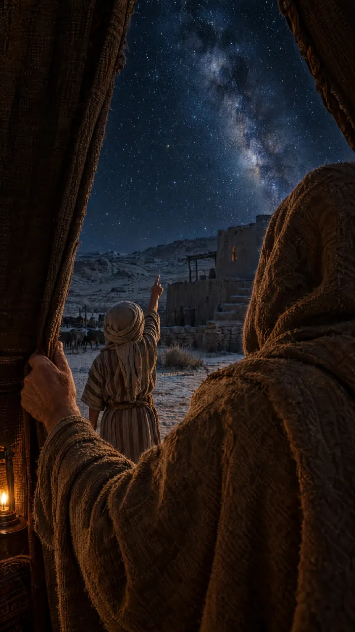 A father in a hooded cloak at the flap of a tent, seen from behind, watching a boy outside point up at a starry night sky