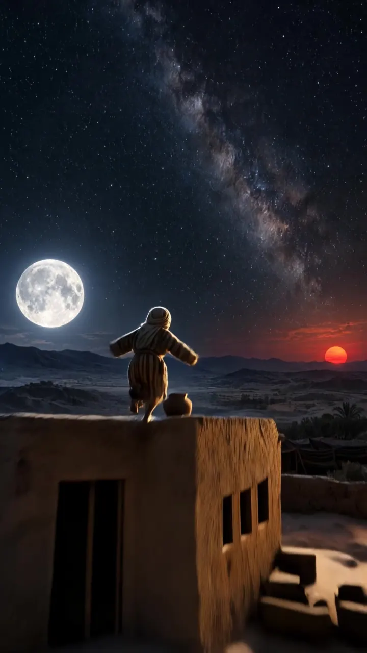 A boy on a mud rooftop at night under a sky full of stars, with a full moon and a low red sun, seen from behind