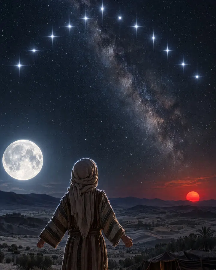 A boy seen from behind under a night sky with eleven bright stars, a full moon and a low red sun over the desert hills