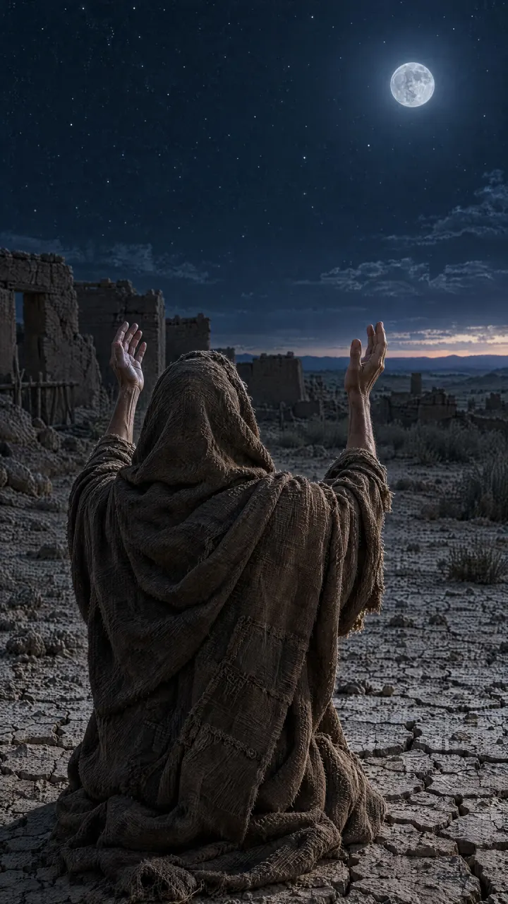 A hooded figure kneeling on cracked earth under a full moon, seen from behind, both hands raised to the night sky