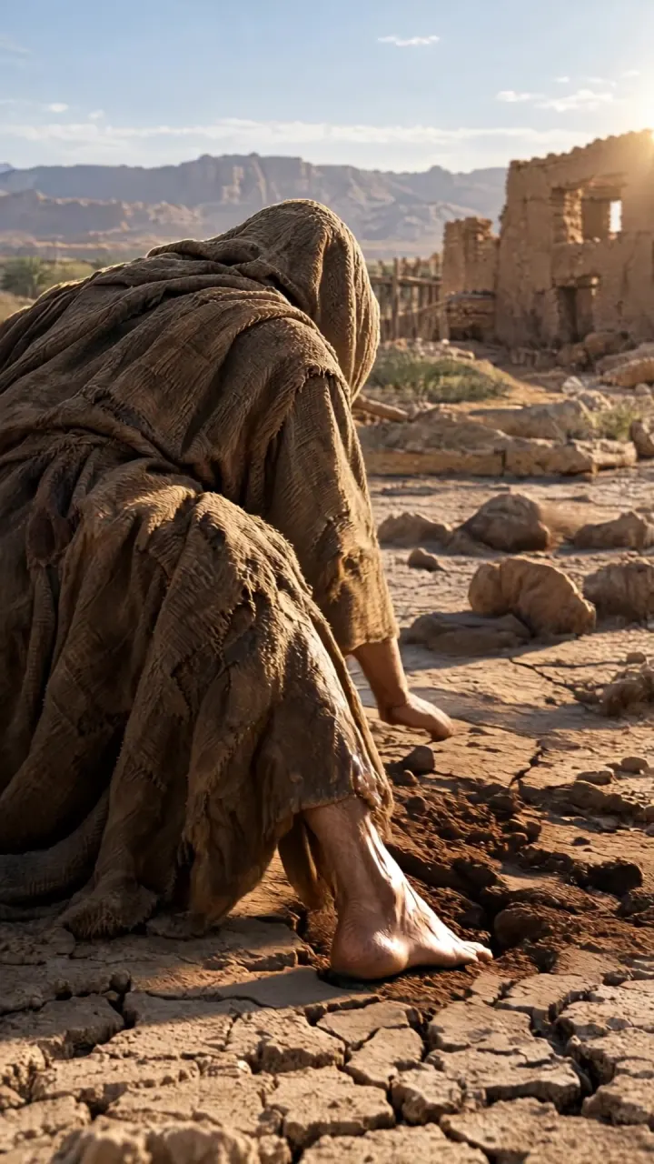 A hooded figure kneeling on cracked dry earth, seen from behind, pressing a bare foot into the ground
