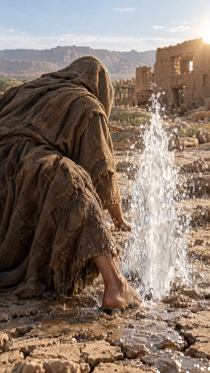 A man in a hooded cloak kneeling on cracked earth, seen from behind, as a spring of water bursts from the ground beside him