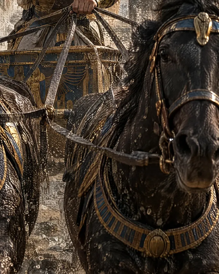 Pharaoh's chariots chasing into the path through the sea between two walls of water