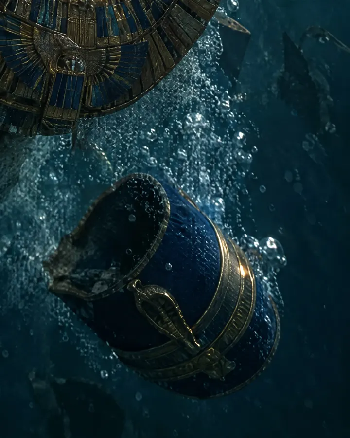 A golden crown sinking into the dark water after Pharaoh's drowning