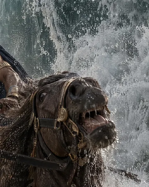 Pharaoh's chariots chasing into the path through the sea between two towering walls of water