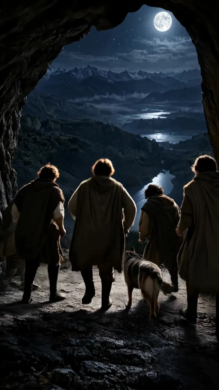 The young men and their dog climbing toward a remote cave in the mountains, seen from behind