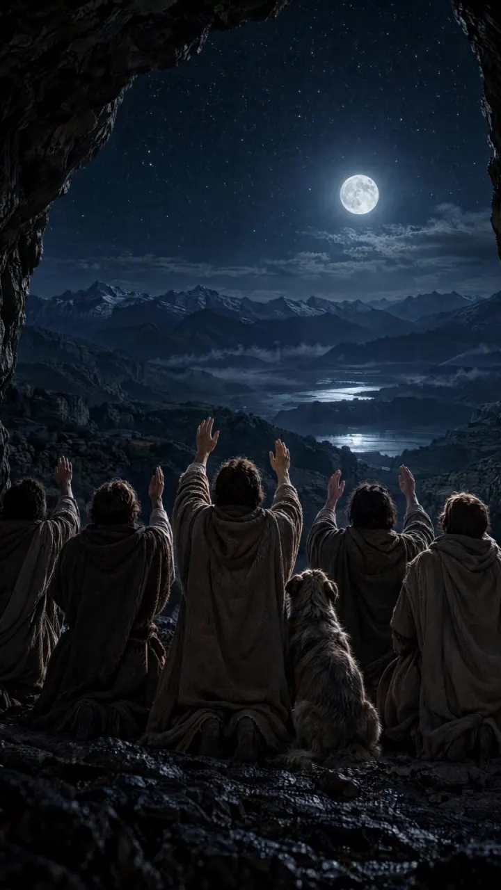 The young men of the cave raising their hands in du'a, seen from behind