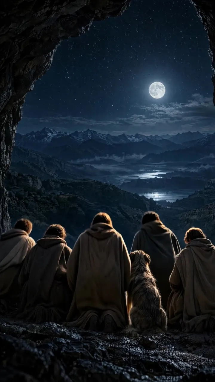 The young men asleep in the cave while the light of the sun turns away from them, seen from behind