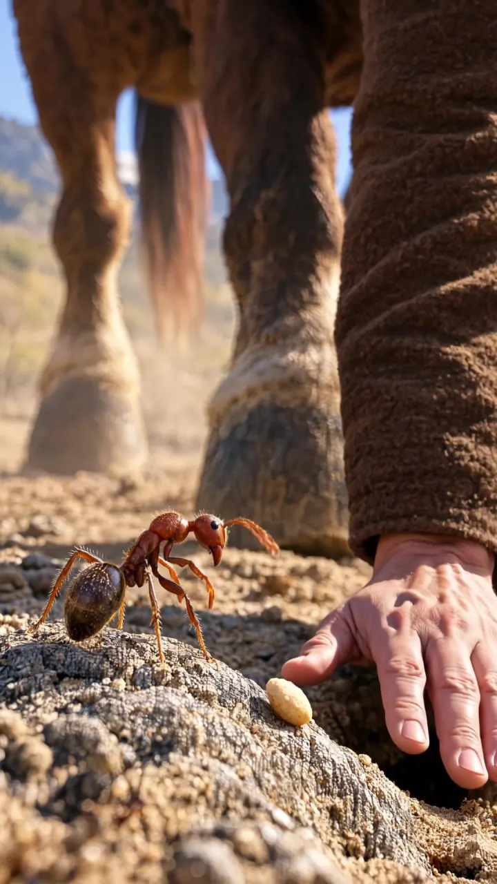 An ant standing on a rock in the foreground while a hand in a brown sleeve reaches down toward it, horses' legs behind