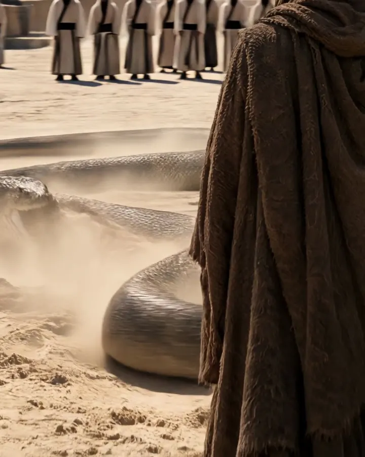Musa's staff, now a great serpent, swallowing the magicians' ropes as the magicians fall down in prostration